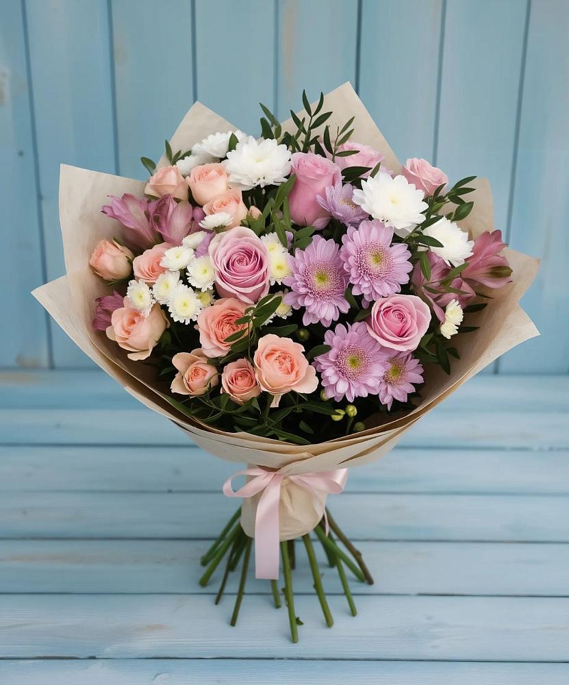 Букет цветов из: Хризантемы, Розы и Альстромерии в Смышляевка