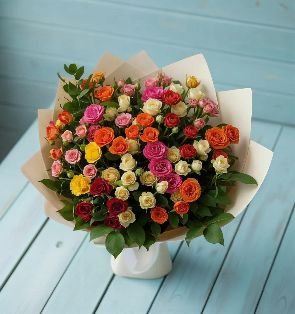 Букет Микс из разноцветных кустовых роз в Смышляевка